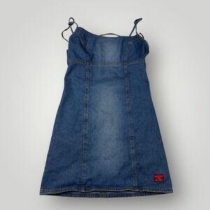 Vintage Hot Kiss Denim Mini Dress 90s Lace Up Back Medium Wash Size 9 111-6775